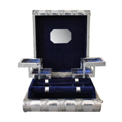 £24.99 • Buy Indian Silver Embossed Jewellery Box/Storage With Twilight Blue Interior Velvet