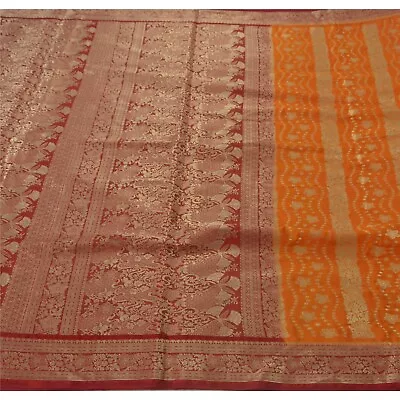 Sanskriti Vintage Orange Sarees Art Silk Brocade Woven Craft Fabric Ethnic Sari • $37.23