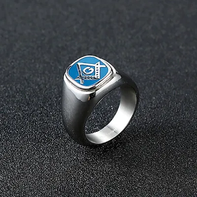 Men's Vintage Blue Enamel Masonic Ring Stainless Steel Freemason Biker Punk Ring • $12.80