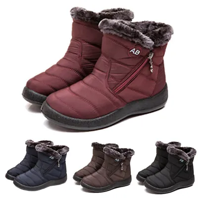 Womens Winter Warm Fur Lining Ankle Boots Ladies Flat Slip On Waterproof Shoes • $21.59
