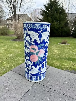 VTG Chinese Umbrella Stand Pink Blue & White Heavy Ceramic Planter 18”Tall • $179.10