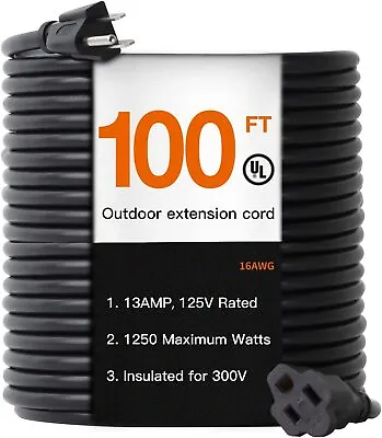 10/20/50 Foot Lengths Outdoor/Indoor Extension Cord - 16/3 Heavy Duty Black US • $9.99