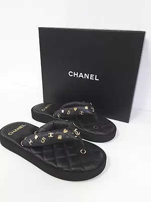 CHANEL 23S G39860 Black Gold Leather Flip Flop Mules Slides 36-41 Sizes • £1709.88