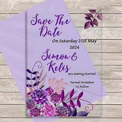 Cadbury Purple Florals Acrylic Transparent Wedding Save The Date Invite Cards • £5.56