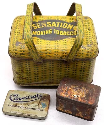 Lot 3 Vintage Tins Sensation Smoking Tobacco Lunch Pale Basket Tea & Laxative • $10.99