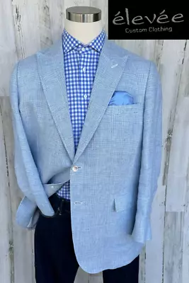 Elevee Bespoke Suit Jacket Blazer 46L 48 100% Linen Blue Windowpane Notch Lapel • $179.99