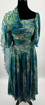 Vintage La Mendola Taormina Womens Pleated Dress 42 Blue Floral Silk Chiffon • $1499.99