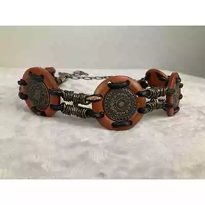 Vintage Hippie Boho Wood Leather And Metal Hipster Belt 40  Length • $13.94