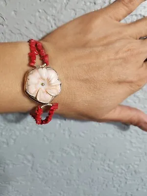 Vintage 925 Sterling Silver Coral & Carved Shell Flower Bracelet • $36