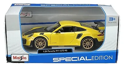 Maisto 1:24 Diecast Car Porsche 911 GT2 RS Yellow With Carbon Hood Gold Wheels • $26.50