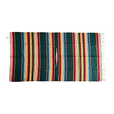 Vintage Mexican Saltillo Serape Textile Striped Blanket Fringe 77  X 41  • $119.99