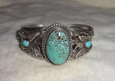 VTG Sterling Butterfly Russell Sam Silver Navajo Turquoise Cuff Bracelet • $499.99