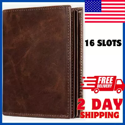 Mens Leather Bifold RFID Vertical Wallet Extra Large Capacity 16 Slots ID Window • $30.99