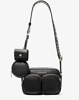 Michael Kors Jet Set Item Md Pocket Crossbody Tech Attached Leather Bag Black • $156.98