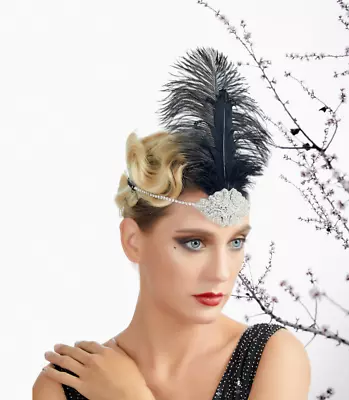 1920s Flapper Silver Headband Feather Beaded Headpiece Roaring 20s Gatsby Party • $9.99