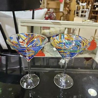 Pier 1 Imports Set Of 2 Hand Blown Confetti Martini Glasses Italy  • $28