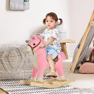 Rocking Horse Plush Animal On Wooden Rockers With Sounds Wooden Base Pink • $57.95