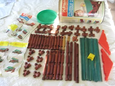 1974 PlaySkool 856 Wood Building Lincoln Logs Scout Set Complete W/can 96 Pieces • $17.50