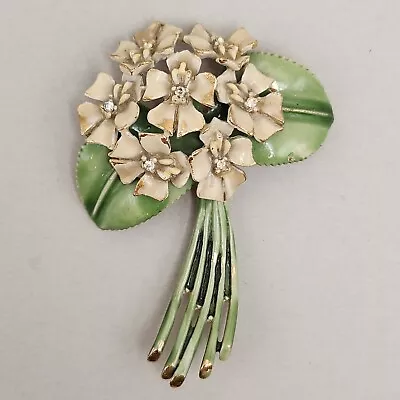 Vtg BSK My Fair Lady Brooch Pin Green & Ivory Enameled Flower Bouquet Rhinestone • $14.49