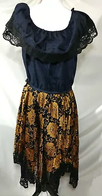 Vintage Off Shoulder Dress Black Gold Lace Ruffled Peasant Mexican Boho Gypsy  • $99.49