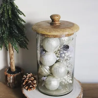 Set Of 12 Champagne Hanging Bauble Decorations Display Glass & Wooden Lid Jar • £19.99