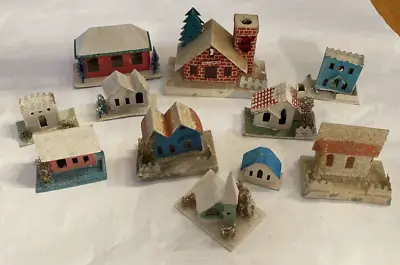 Lot Of 11 Vintage Paper Mica Cardboard Putz Christmas Mache Houses Japan Village • $120