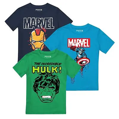 Marvel Boys T-shirt 3 Pack Ironman Hulk Captain America Tee 3-8 Years Official • £19.99