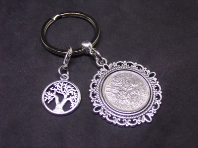 £6.95 • Buy 1963 60th Birthday Gift Lucky Sixpence Coin Keyring & Tree Of Life Charm N2