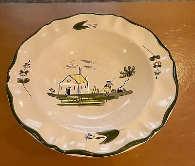 Varages France Cabanon Large Rim Soup Bowl 9 1/4  Green Trim Cottage Core House • $15