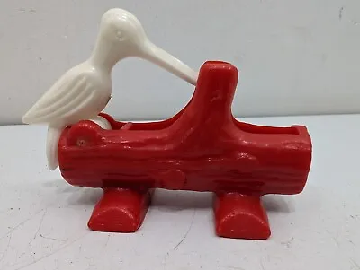 Vintage 1950's Red Plastic Log Toothpick Holder White Woodpecker Bird Dispenser • $26.95