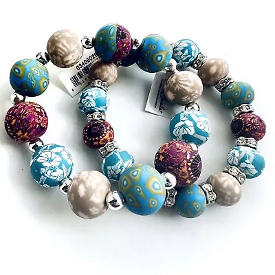 Viva Beads Chunky Silver Clay Handmade Set Of  Two Stretchy Bracelets NWT • $26.90