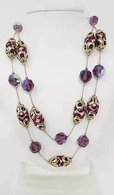 Vintage VENDOME 2 Strand AB Crystal Rhinestone Necklace Gold Tone Purple • $225