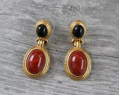 Lovely Vintage Monet Black Red Gold Tone Dangle Drop Earrings • $38