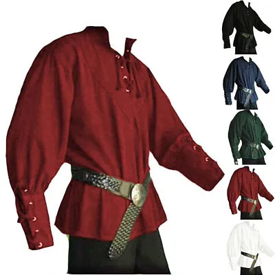 Men Medieval Renaissance Pirate Shirt 18th Century Long Sleeve T-shirt Costume / • £14.15