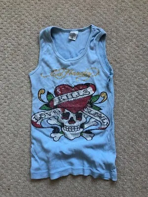 Ed Hardy Sleeveless Tank Top Blue Heart Skull Diamonds Size 6 • £35