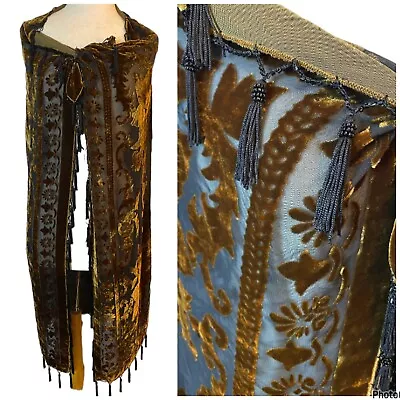 Shawl Lucy's Silk 1990's Black Bronze Burnouts Velvet Embroidery Floral Tassel • $84