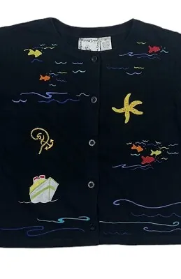 Michael Simon Lite Vintage Button Up Top Black Embroidery Sea Cruise Theme M • $36