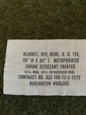 $40 • Buy Vintage (original) US Army Military Blanket, Bed, Wool Olive Green 66 In X 84 In