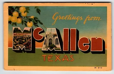 Greetings From McAllen Texas Large Big Letter Linen Postcard Dexter 1949 Vintage • $45.50