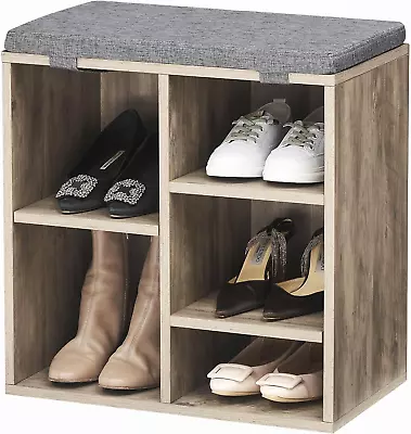 Shoe Bench With Cushion & 5 Compartments Entryway Storage Bench (Gray) • $68.52