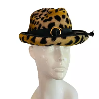 Vintage Schiaparelli 60s Fur Cheetah Fedora Hat Belt Brass Buckle • $110