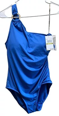 $118 Michael Kors One Shoulder Logo-ring Swimsuit Tide Blue NWT Sz 14 M32 • $49.99