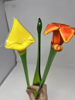 Hand Blown Art Glass Flower Lot 3 Long Stem Flowers Murano Style 20” Long • $69.99