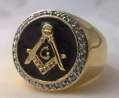 G-Filled 18k Gold Freemason Simulated Diamond Black Back Mason Mens Ring Masonic • $50