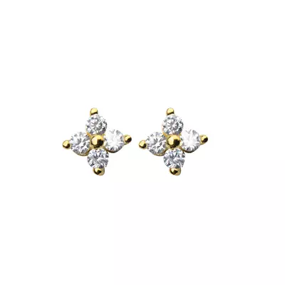 18K Gold On Sterling Silver Mini CZ Flower Motif Shiny Piercing Stud Earrings • £6.95