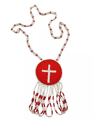 Vintage Native American Leather Seed Bead Necklace Pendant Beaded Jewelry Cross • $19.99