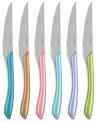 Set Of 6 Pastel Coloured Metallic Steak Knife Set Serrated Steak Pizza Knives • £16.99