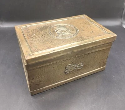 £12.29 • Buy Antique Arts And Crafts Brass Tea Caddy Box Ship Galleons 16 Cms