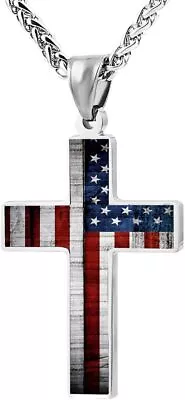 American Flag Patriotic Cross Pendant Necklace Christian Religious Men&women24in • $10.89