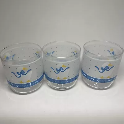 Libby Vintage Frosted Geese With Blue Ribbons 8 Oz Stackable Glasses Set Of 3 • $15